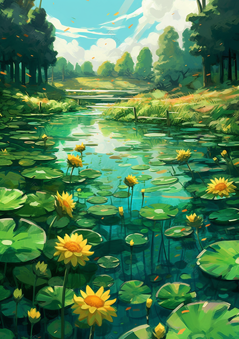 绿色树木阳光白云下荷花塘里手绘插画,插画/手绘图,插画/手绘图库,插画/手绘图下载,插画/手绘